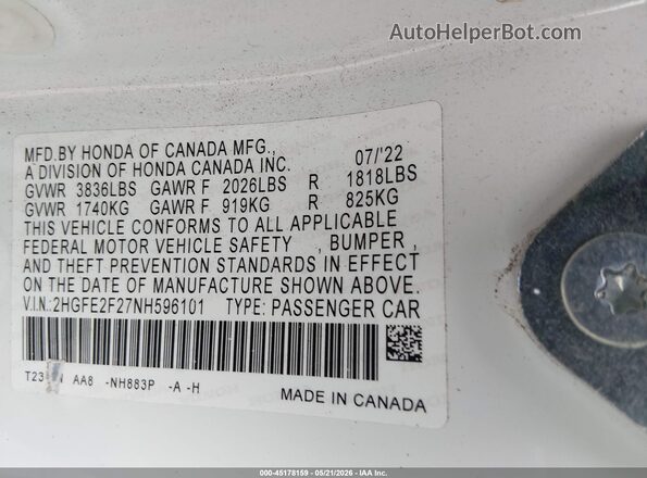 2HGFE2F27NH596101 2022 HONDA CIVIC White ძრავის განყოფილების ხედი