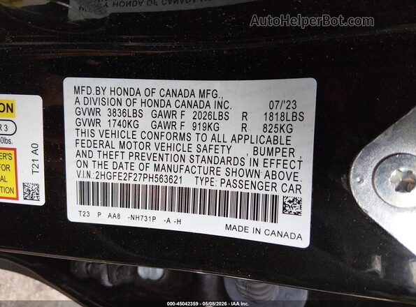2HGFE2F27PH563621 2023 HONDA CIVIC Black Widok tylnych siedzeń