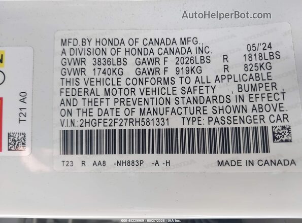 2HGFE2F27RH581331 2024 HONDA CIVIC White ძრავის განყოფილების ხედი