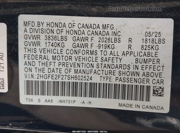 2HGFE2F27SH602524 2025 HONDA CIVIC Black ძრავის განყოფილების ხედი