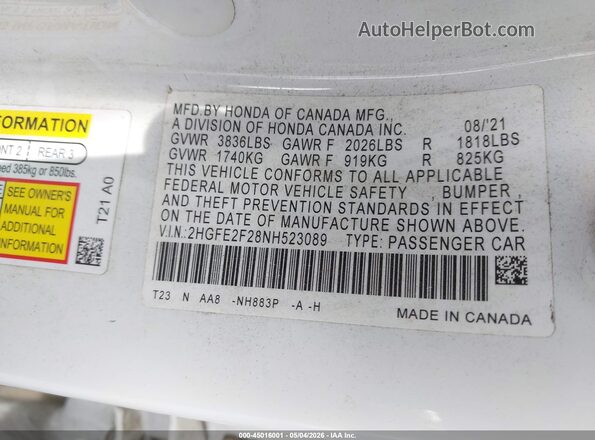 2HGFE2F28NH523089 2022 HONDA CIVIC White Շարժիչի բաժամունքի տեսք