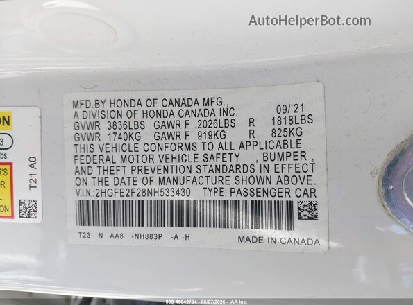 2HGFE2F28NH533430 2022 HONDA CIVIC White Vista del compartimento del motor