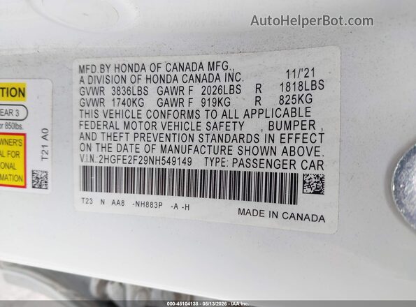2HGFE2F29NH549149 2022 HONDA CIVIC White Widok komory silnika