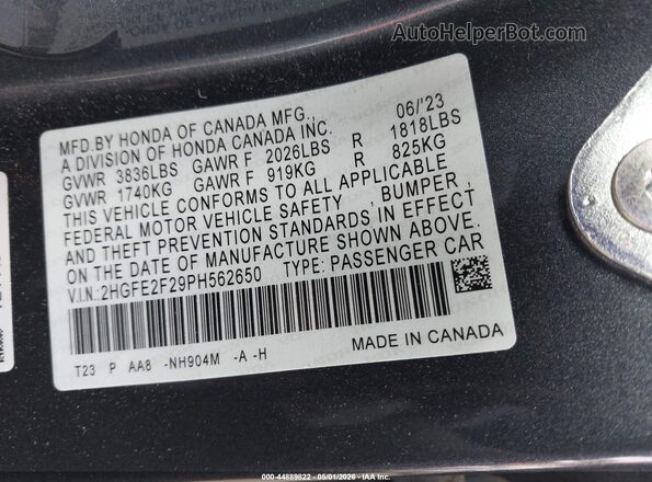 2HGFE2F29PH562650 2023 HONDA CIVIC Gray Շարժիչի բաժամունքի տեսք