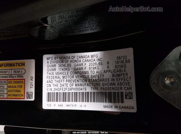 2HGFE2F29PH569419 2023 HONDA CIVIC Black Вид підкапотного простору