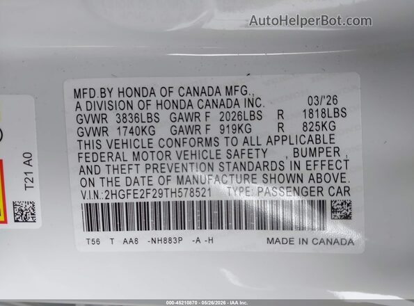 2HGFE2F29TH578521 2026 HONDA CIVIC White Engine compartment view