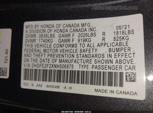 2HGFE2F2XNH506875 2022 HONDA CIVIC Серый Вид подкапотного пространства