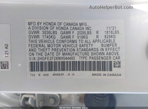 2HGFE2F2XNH544493 2022 HONDA CIVIC White Engine compartment view