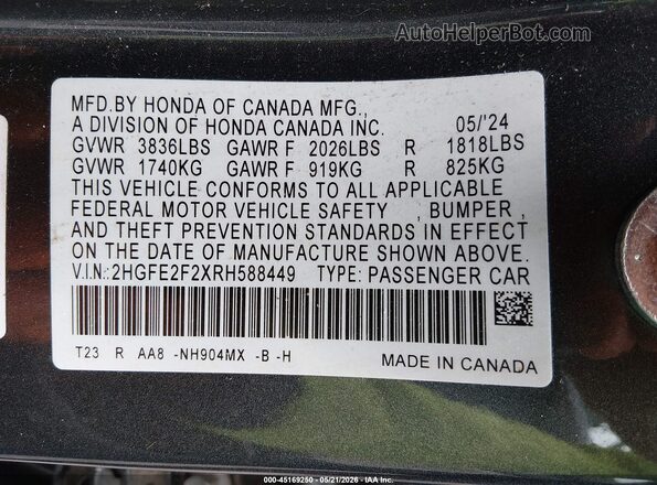 2HGFE2F2XRH588449 2024 HONDA CIVIC Gray Вид підкапотного простору