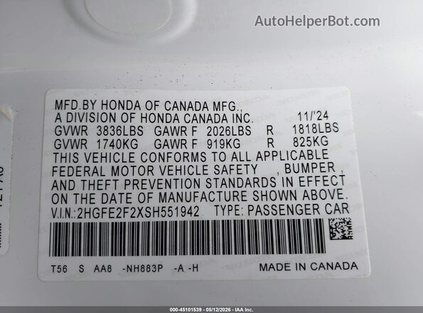2HGFE2F2XSH551942 2025 HONDA CIVIC White Engine compartment view