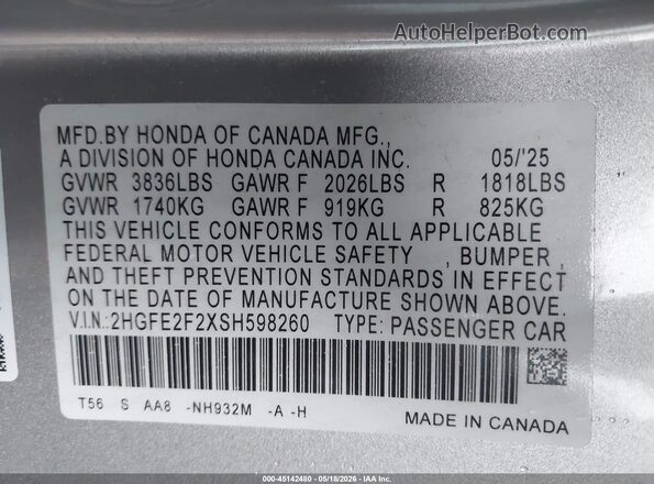 2HGFE2F2XSH598260 2025 HONDA CIVIC Gray Engine compartment view