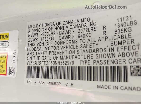 2HGFE2F50NH552970 2022 HONDA CIVIC White Engine compartment view