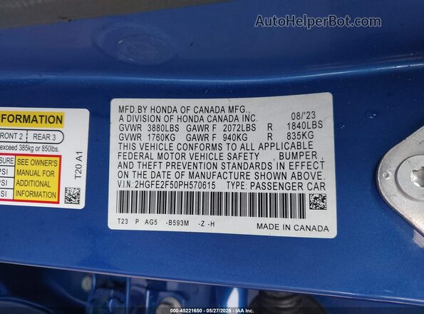 2HGFE2F50PH570615 2023 HONDA CIVIC Blue Vista del compartimento del motor