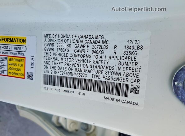 2HGFE2F50RH536273 2024 HONDA CIVIC White Vista del compartimento del motor