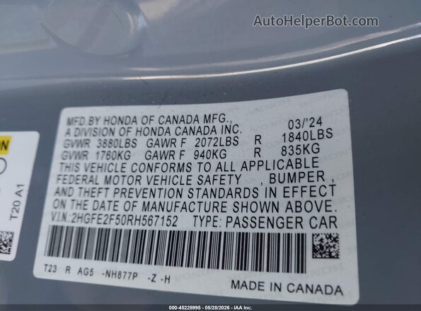 2HGFE2F50RH567152 2024 HONDA CIVIC Gray Շարժիչի բաժամունքի տեսք