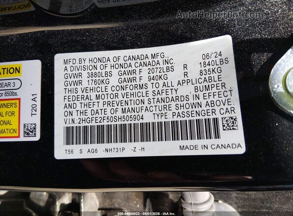 2HGFE2F50SH505904 2025 HONDA CIVIC Black Շարժիչի բաժամունքի տեսք