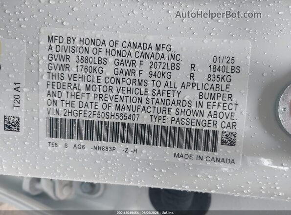 2HGFE2F50SH565407 2025 HONDA CIVIC White Շարժիչի բաժամունքի տեսք