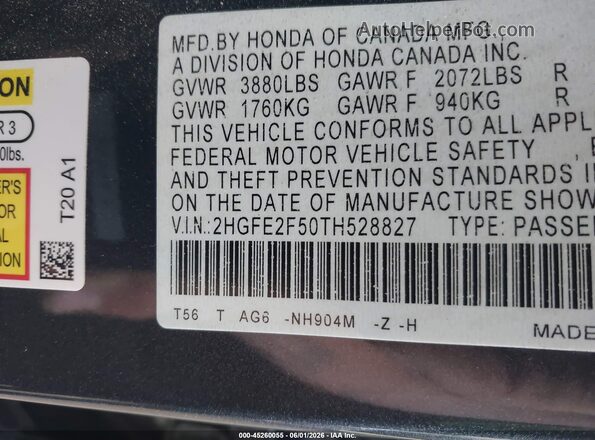 2HGFE2F50TH528827 2026 HONDA CIVIC Gray Շարժիչի բաժամունքի տեսք