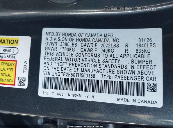 2HGFE2F50TH560158 2026 HONDA CIVIC Black 