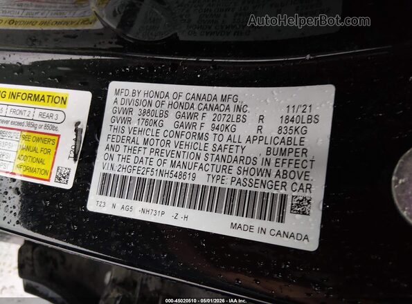 2HGFE2F51NH548619 2022 HONDA CIVIC Black Vista del compartimento del motor
