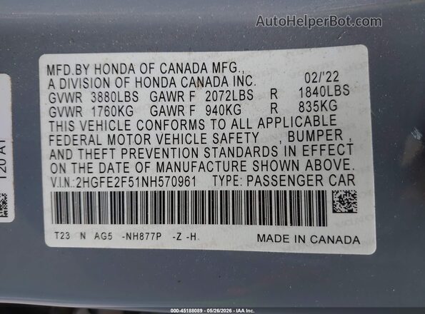 2HGFE2F51NH570961 2022 HONDA CIVIC Blue Вид підкапотного простору