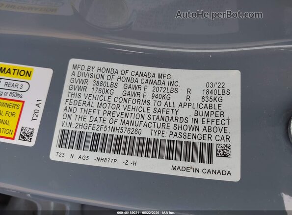 2HGFE2F51NH576260 2022 HONDA CIVIC Gray ძრავის განყოფილების ხედი