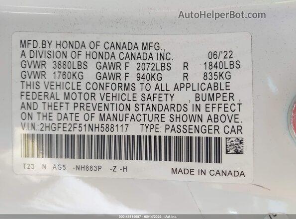 2HGFE2F51NH588117 2022 HONDA CIVIC White Շարժիչի բաժամունքի տեսք