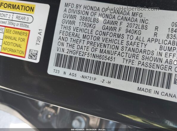 2HGFE2F51NH605451 2022 HONDA CIVIC Black ძრავის განყოფილების ხედი