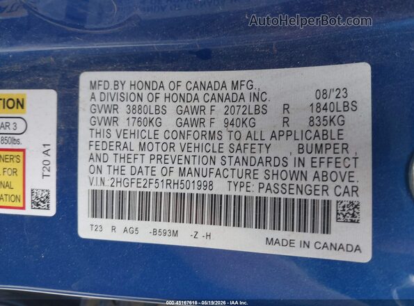 2HGFE2F51RH501998 2024 HONDA CIVIC Blue Շարժիչի բաժամունքի տեսք