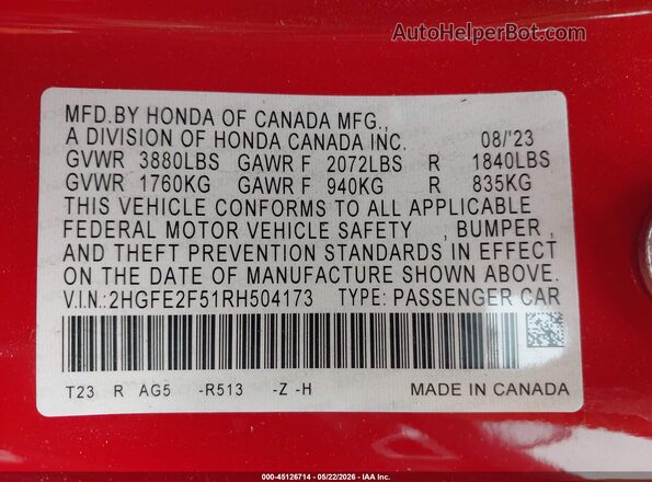 2HGFE2F51RH504173 2024 HONDA CIVIC Red 