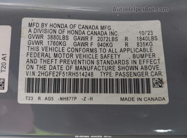 2HGFE2F51RH514248 2024 HONDA CIVIC Gray Engine compartment view