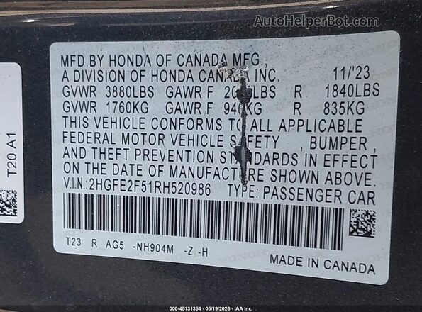 2HGFE2F51RH520986 2024 HONDA CIVIC Серый 