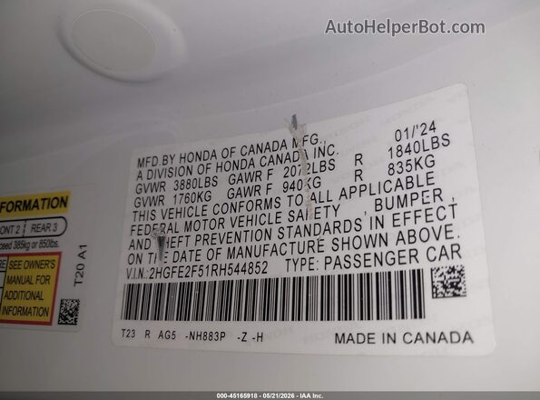 2HGFE2F51RH544852 2024 HONDA CIVIC White Engine compartment view