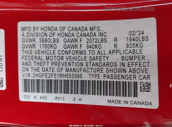 2HGFE2F51RH555995 2024 HONDA CIVIC Red Вид підкапотного простору