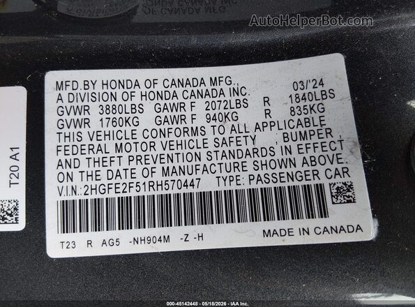 2HGFE2F51RH570447 2024 HONDA CIVIC Gray Widok komory silnika