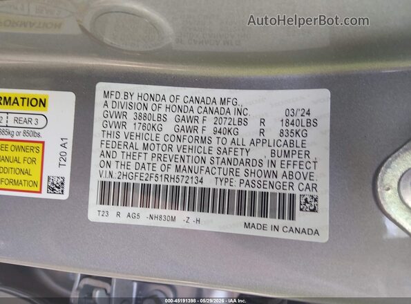 2HGFE2F51RH572134 2024 HONDA CIVIC Silver ძრავის განყოფილების ხედი