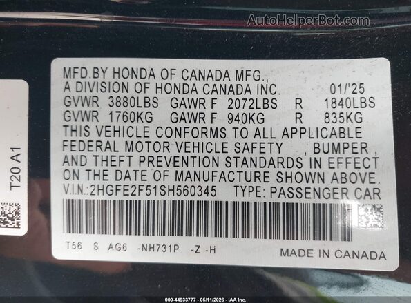 2HGFE2F51SH560345 2025 HONDA CIVIC Black ძრავის განყოფილების ხედი