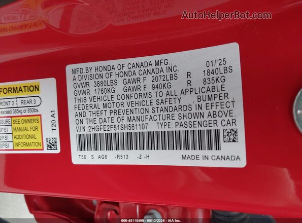 2HGFE2F51SH561107 2025 HONDA CIVIC Red Vista del compartimento del motor