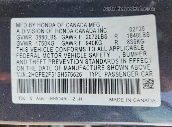 2HGFE2F51SH576626 2025 HONDA CIVIC Black 