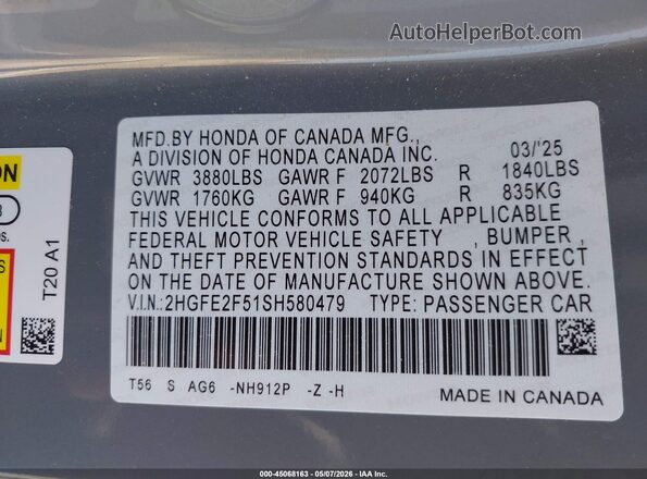 2HGFE2F51SH580479 2025 HONDA CIVIC Gray 