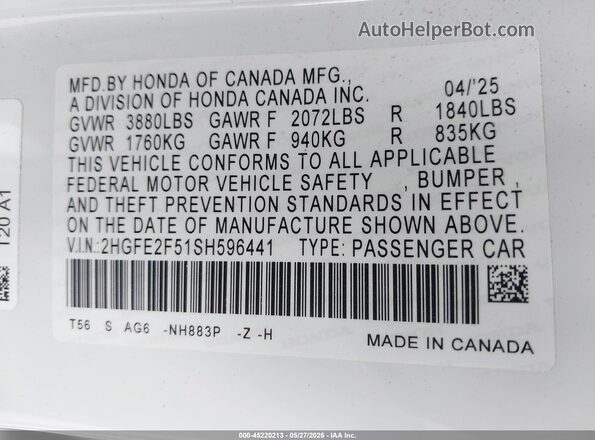 2HGFE2F51SH596441 2025 HONDA CIVIC White Engine compartment view