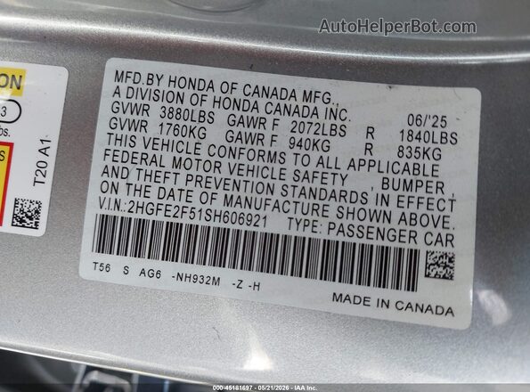 2HGFE2F51SH606921 2025 HONDA CIVIC Silver Widok komory silnika