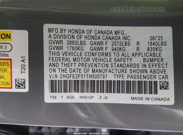 2HGFE2F51TH505797 2026 HONDA CIVIC Gray Engine compartment view