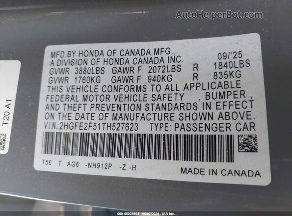 2HGFE2F51TH527623 2026 HONDA CIVIC Gray Engine compartment view