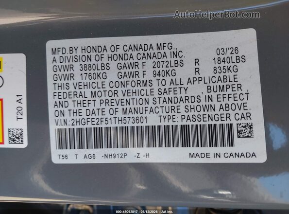 2HGFE2F51TH573601 2026 HONDA CIVIC Gray Widok komory silnika