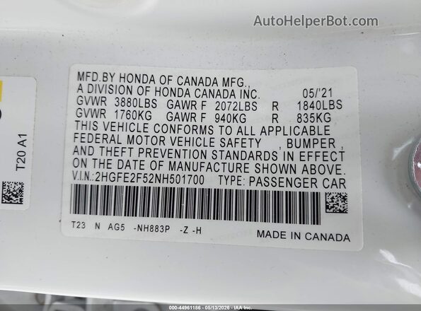 2HGFE2F52NH501700 2022 HONDA CIVIC White Vista del compartimento del motor