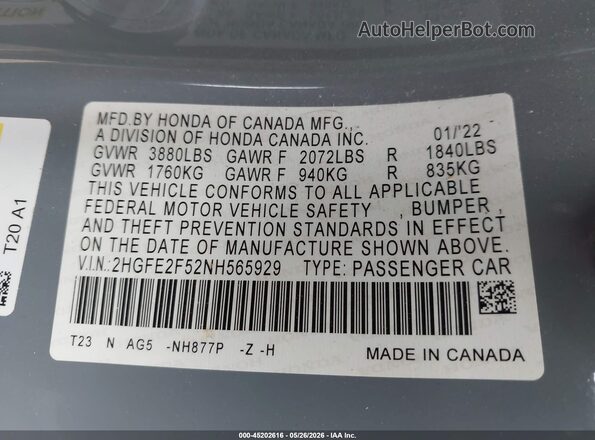 2HGFE2F52NH565929 2022 HONDA CIVIC Gray 
