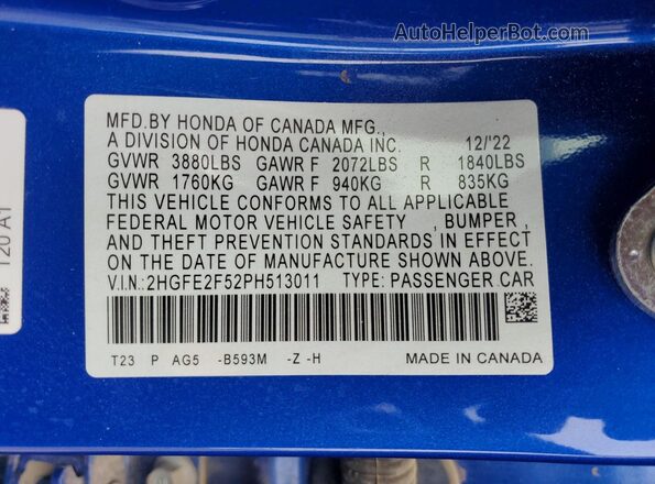 2HGFE2F52PH513011 2023 HONDA CIVIC Blue 
