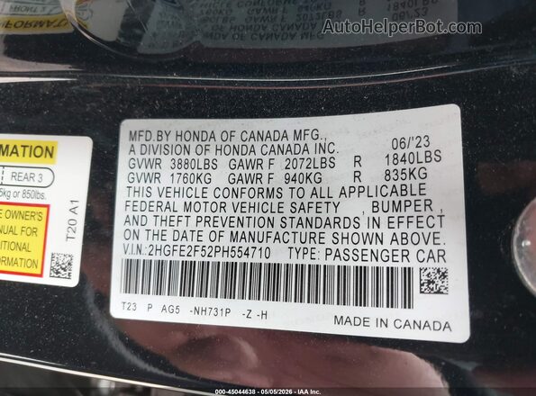 2HGFE2F52PH554710 2023 HONDA CIVIC Black ძრავის განყოფილების ხედი