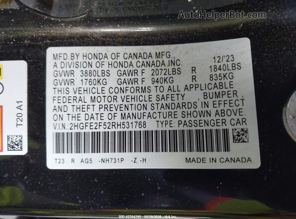 2HGFE2F52RH531768 2024 HONDA CIVIC Black Շարժիչի բաժամունքի տեսք